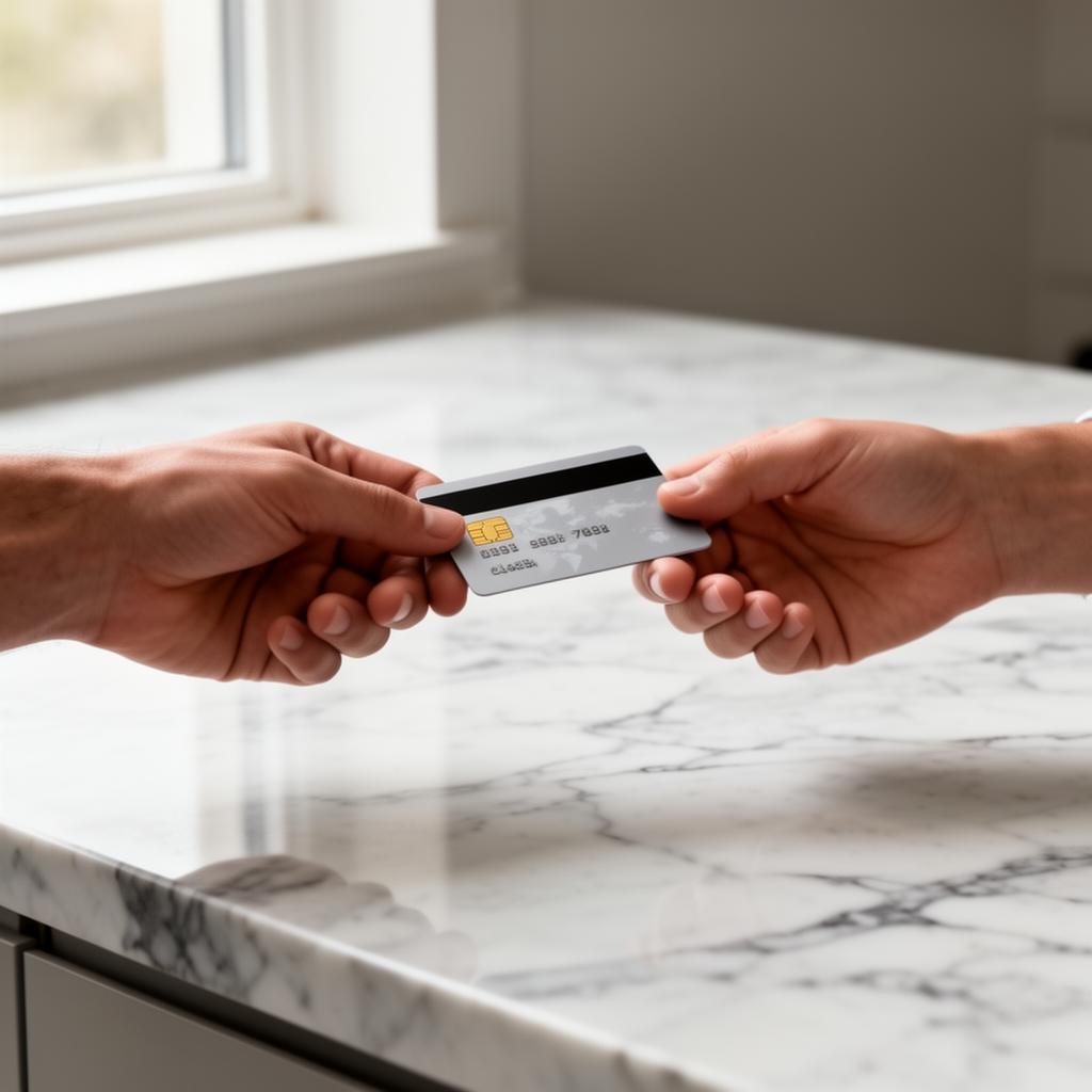Customer handing a credit card across a marble countertop